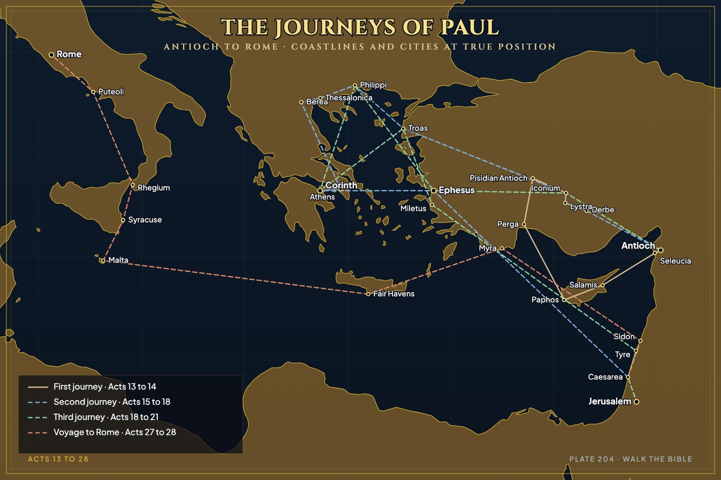 Map of Paul's four journeys with real coastlines